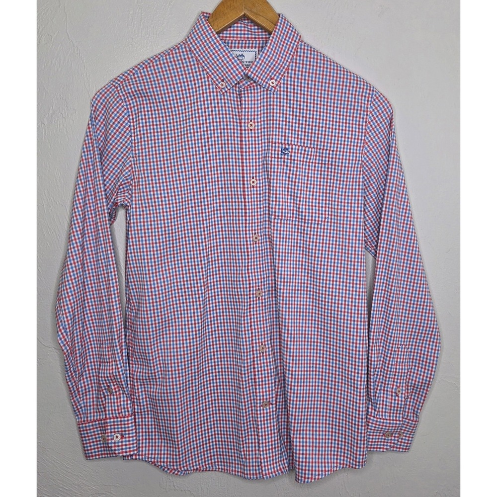 Southern Tide Boys Youth XL 16 Red Blue Checkered Long Sleeve Button Down Shirt